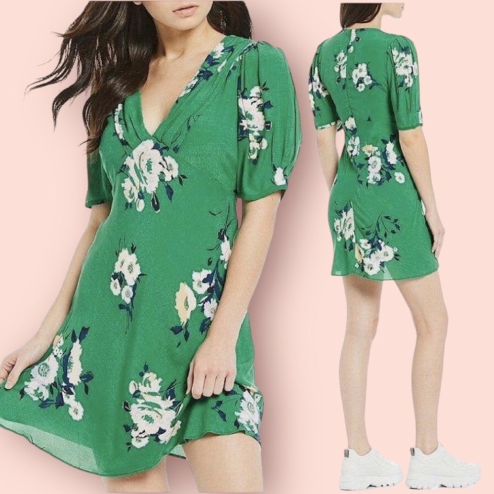 Free People Green Floral Puff Sleeve Mini Dress 🌸NWT✨